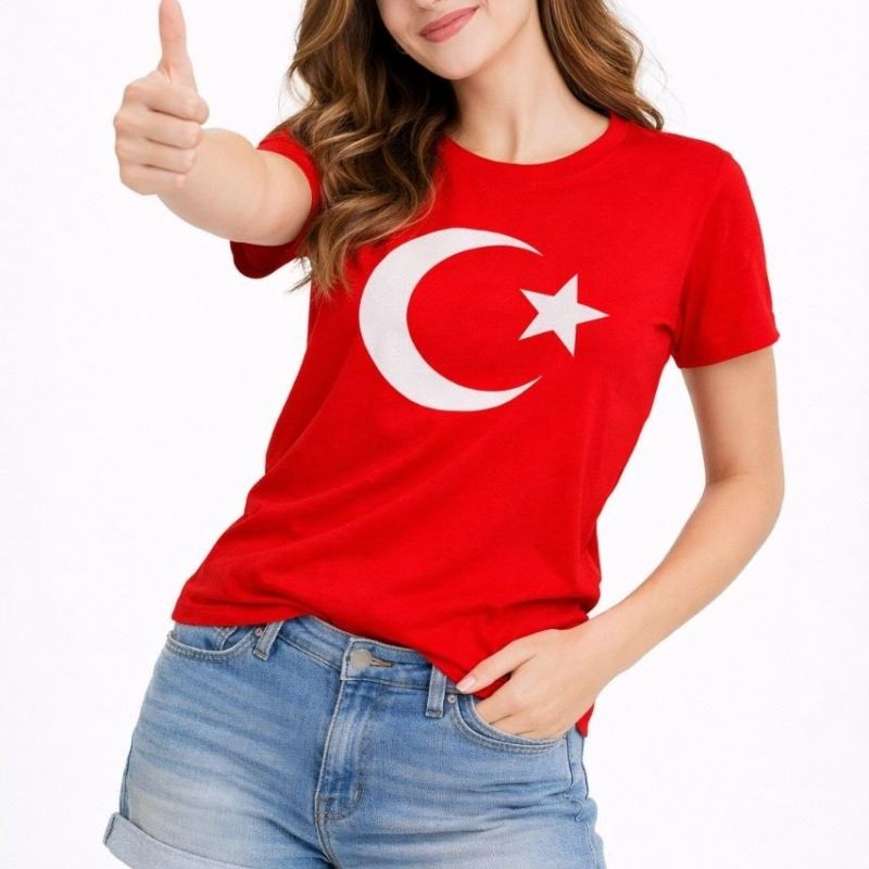 Kadın T-Shirt Kısa Kol Bisiklet Yaka Ay Yıldız Bayrak Baskılı Tişört - Kırmızı