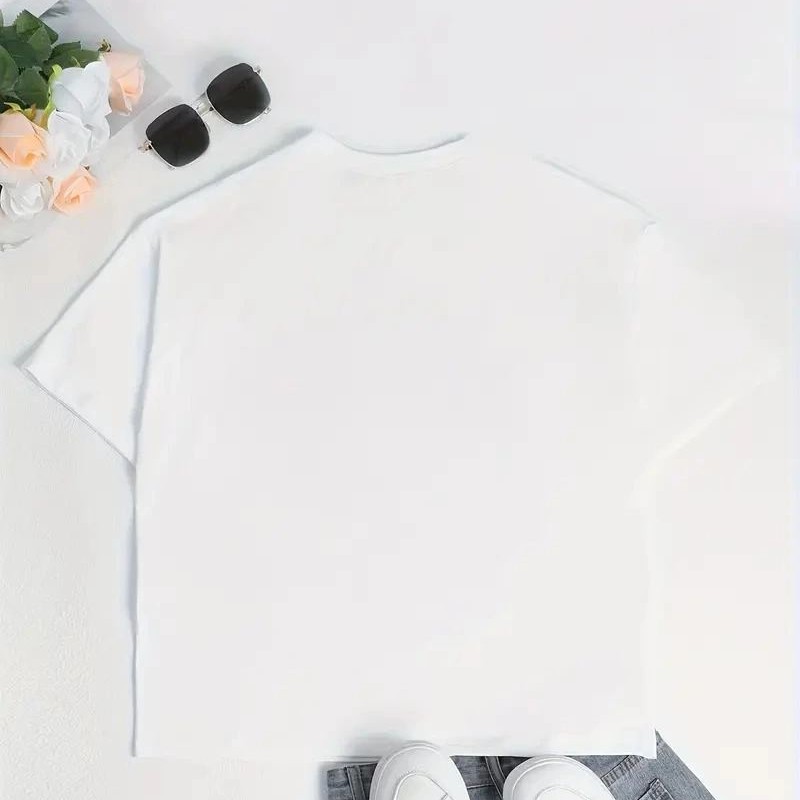 Kadın T-Shirt Ördek Baskılı Bisiklet Yaka Kısa kol Tişört - Beyaz