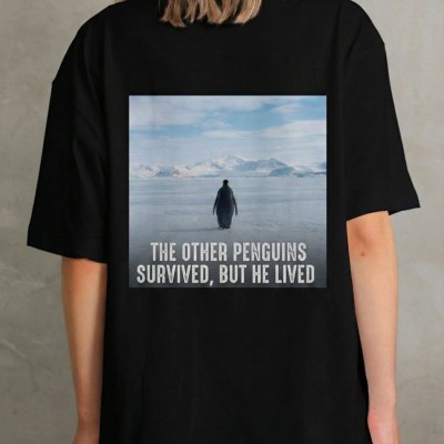 Kadın T-Shirt Penguen Baskılı Bisiklet Yaka Kısa kol yazlık Tişört - Siyah