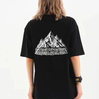 Kadın T-Shirt Penguen Baskılı Bisiklet Yaka Kısa kol yazlık Tişört - Siyah