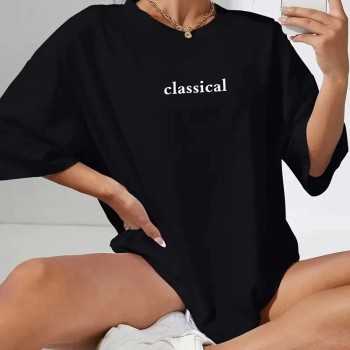 Kadın T-shirt Penye Compack Classical Baskılı Kısa kol Tişört - Siyah