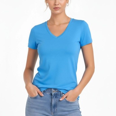 Kadın T-Shirt V Yaka Slim Fit Likralı Tişört Yazlık Basic Body - Açık Mavi