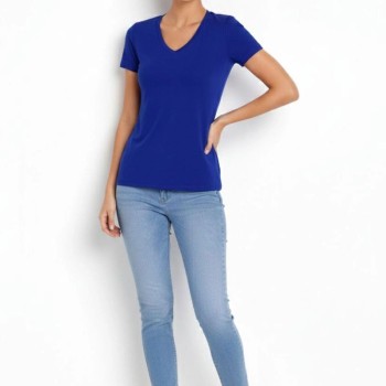 Kadın T-Shirt V Yaka Slim Fit Likralı Tişört Yazlık Basic Body - İndigo