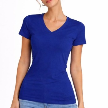 Kadın T-Shirt V Yaka Slim Fit Likralı Tişört Yazlık Basic Body - İndigo