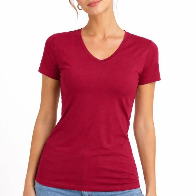 Kadın T-Shirt V Yaka Slim Fit Likralı Tişört Yazlık Basic Body - Kırmızı