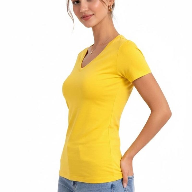 Kadın T-Shirt V Yaka Slim Fit Likralı Tişört Yazlık Basic Body - Sarı