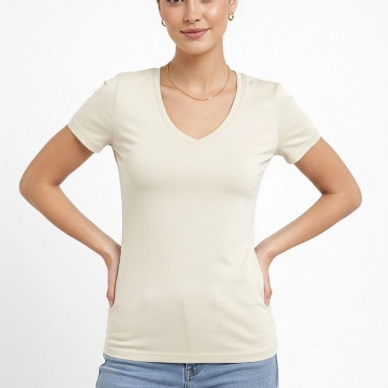 Kadın T-Shirt V Yaka Slim Fit Likralı Tişört Yazlık Basic Body - Taş