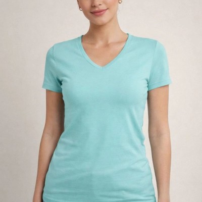 Kadın T-Shirt V Yaka Slim Fit Likralı Tişört Yazlık Basic Body - Turkuvaz