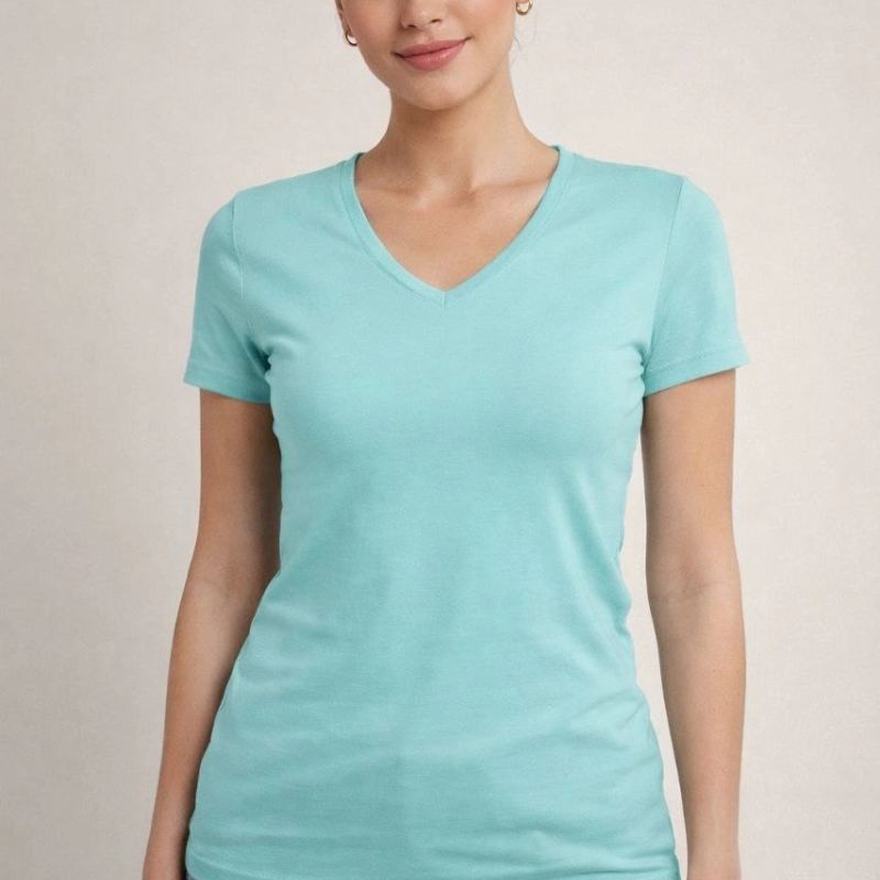 Kadın T-Shirt V Yaka Slim Fit Likralı Tişört Yazlık Basic Body - Turkuvaz