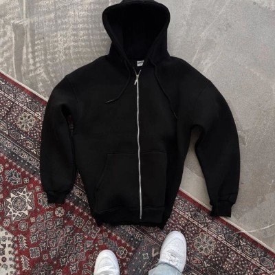 Kadın Tam Fermuarlı Cepli Kapüşonlu 3 iplik pamuklu hoodie Sweatshirt - Siyah
