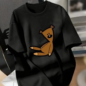 Kadın Tişört Ayı Baskılı Bisiklet Yaka Yazlık Kısa Kol T-shirt - Siyah