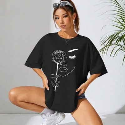 Kadın Tişört Baskılı Kısa kol Oversize T-shirt - Siyah