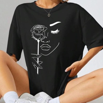 Kadın Tişört Baskılı Kısa kol Oversize T-shirt - Siyah