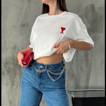 Kadın Tişört Bisiklet Yaka Baskılı Oversize Kısa Kol T-Shirt - Beyaz