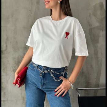 Kadın Tişört Bisiklet Yaka Baskılı Oversize Kısa Kol T-Shirt - Beyaz