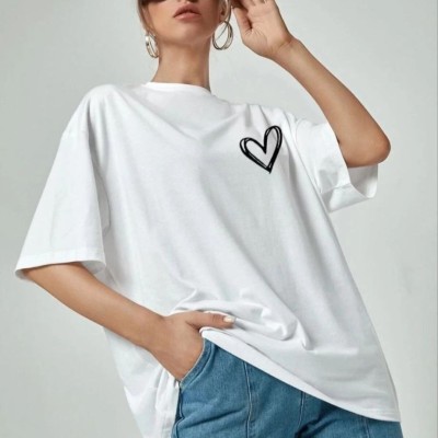 Kadın Tişört Bisiklet Yaka Baskılı Oversize T-Shirt - Beyaz