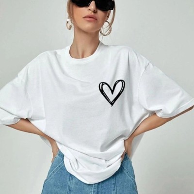 Kadın Tişört Bisiklet Yaka Baskılı Oversize T-Shirt - Beyaz