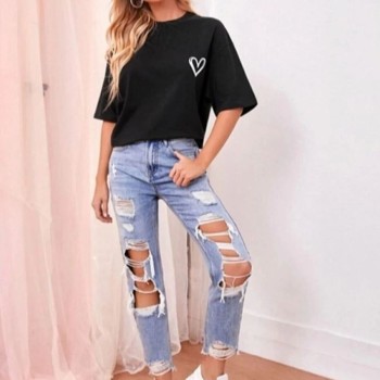 Kadın Tişört Bisiklet Yaka Baskılı Oversize T-Shirt - Siyah