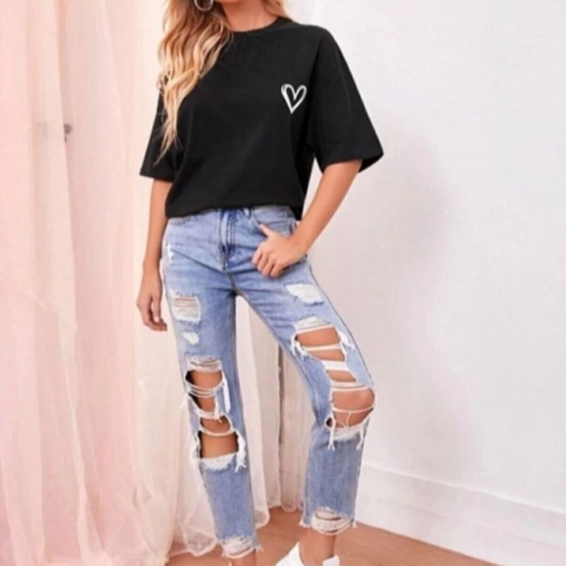 Kadın Tişört Bisiklet Yaka Baskılı Oversize T-Shirt - Siyah