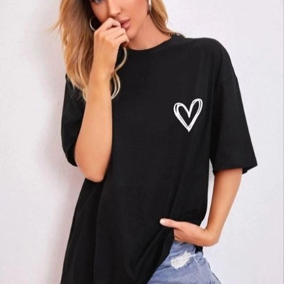 Kadın Tişört Bisiklet Yaka Baskılı Oversize T-Shirt - Siyah