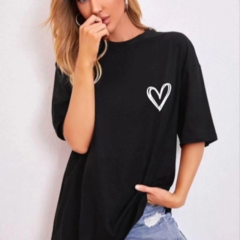 Kadın Tişört Bisiklet Yaka Baskılı Oversize T-Shirt - Siyah