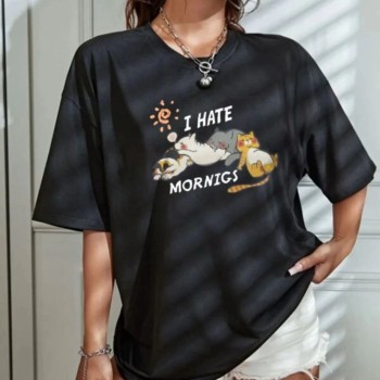 Kadın Tişört Bisiklet Yaka Baskılı Oversize T-Shirt - Siyah