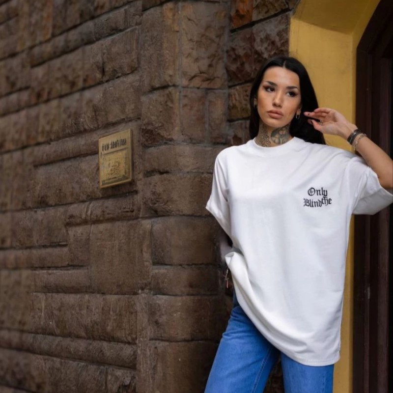 kadın Tişort Bisiklet Yaka Baskılı yazlık Kısa kol Oversize T-Shirt - Beyaz