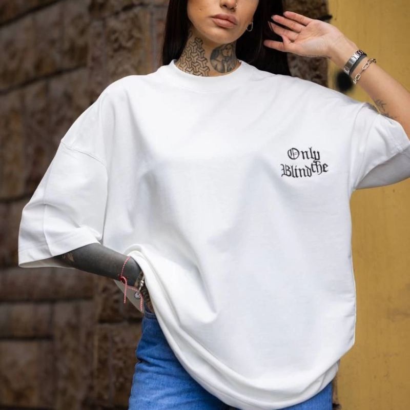 kadın Tişort Bisiklet Yaka Baskılı yazlık Kısa kol Oversize T-Shirt - Beyaz