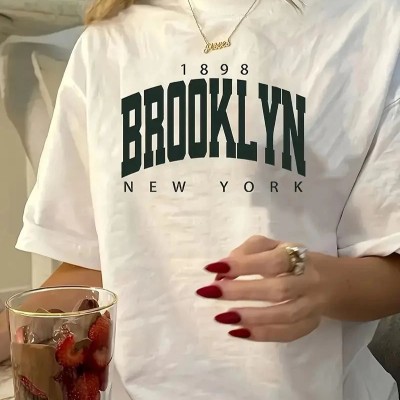 Kadın Tişört Bisiklet Yaka Brooklyn Baskılı Kısa Kollu T-shirt - Beyaz