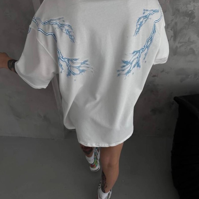 Kadın Tişort Bisiklet Yaka Yıldırım Şimşek Baskılı Kısa kol T-Shirt - Beyaz