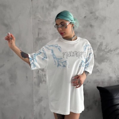 Kadın Tişort Bisiklet Yaka Yıldırım Şimşek Baskılı Kısa kol T-Shirt - Beyaz