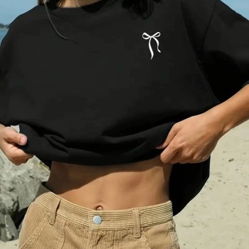Kadın Tişört fiyonk baskılı Bisiklet yaka yazlık Kısa Kol oversize t-shirt - Siyah