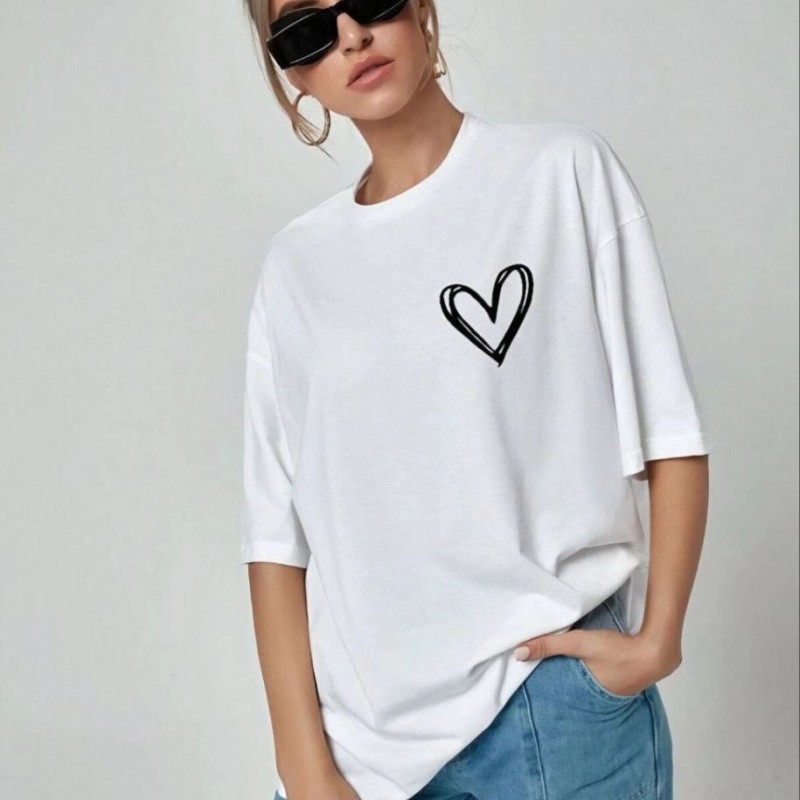 Kadın Tişort Kalp Baskılı Bisiklet yaka Kısa kol T-Shirt - Beyaz