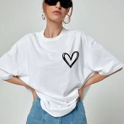 Kadın Tişort Kalp Baskılı Bisiklet yaka Kısa kol T-Shirt - Beyaz