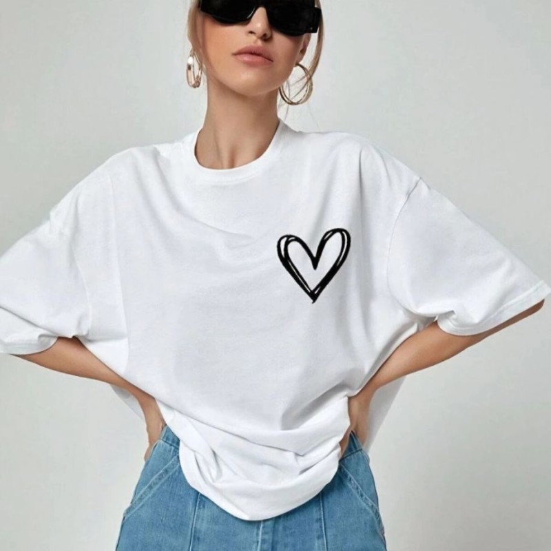 Kadın Tişort Kalp Baskılı Bisiklet yaka Kısa kol T-Shirt - Beyaz