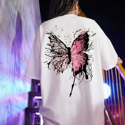 Kadın Tişört Kelebek Baskılı Oversize Kısa Kol T-Shirt - Beyaz