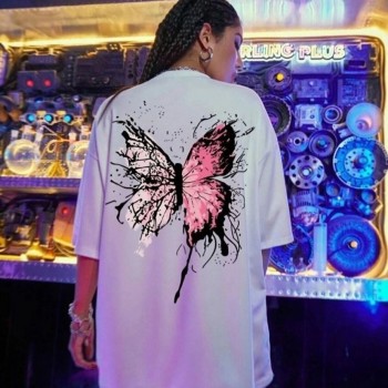 Kadın Tişört Kelebek Baskılı Oversize Kısa Kol T-Shirt - Beyaz