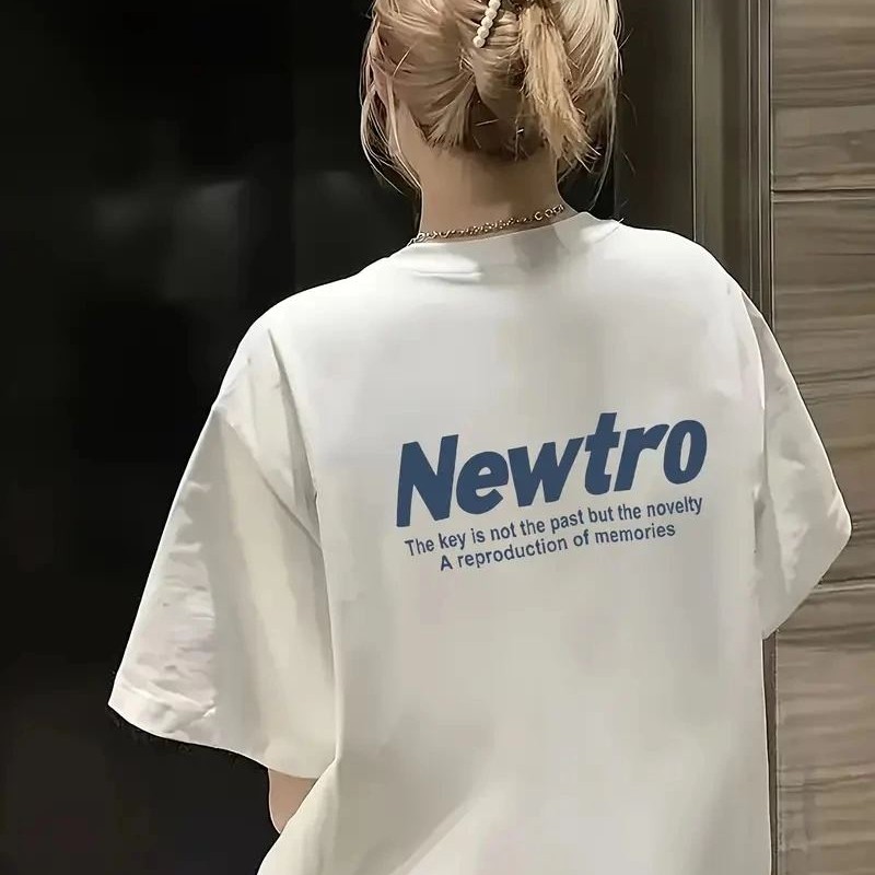 Kadın Tişört Newtro Baskılı Oversize Bisiklet Yaka T-shirt - Beyaz