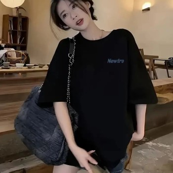 Kadın Tişört Newtro Baskılı Oversize Bisiklet Yaka T-shirt - Siyah