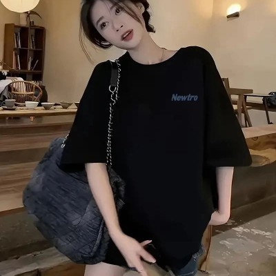 Kadın Tişört Newtro Baskılı Oversize Bisiklet Yaka T-shirt - Siyah