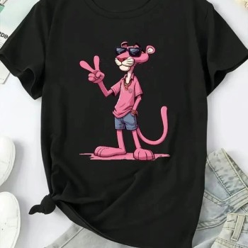 Kadın Tişört Pembe Panter Baskılı Bisiklet Yaka Kısa Kol T-shirt - Beyaz