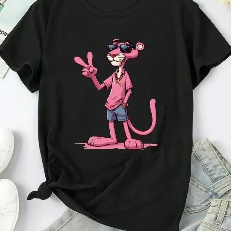 Kadın Tişört Pembe Panter Baskılı Bisiklet Yaka Kısa Kol T-shirt - Beyaz