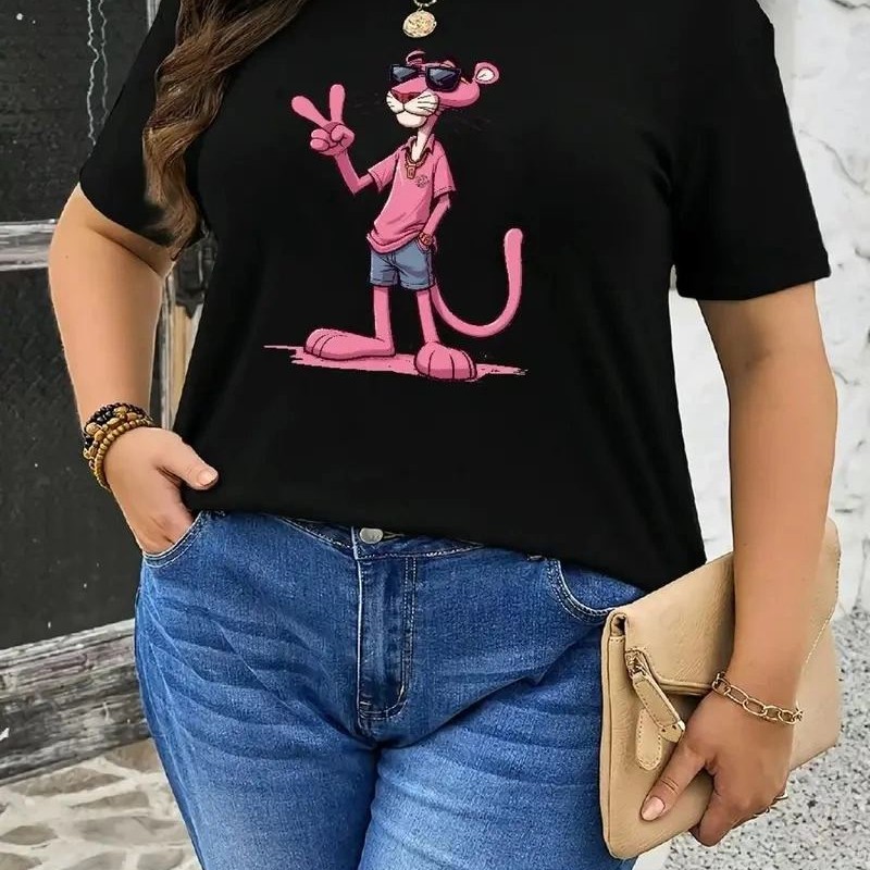 Kadın Tişört Pembe Panter Baskılı Bisiklet Yaka Kısa Kol T-shirt - Beyaz