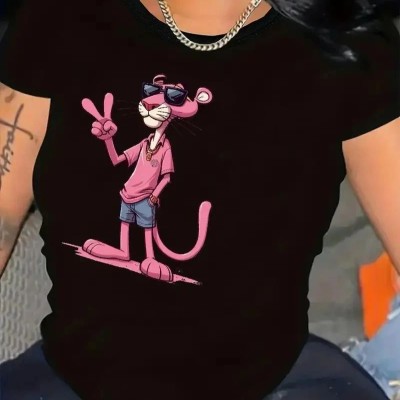 Kadın Tişört Pembe Panter Baskılı Bisiklet Yaka Kısa Kol T-shirt - Beyaz