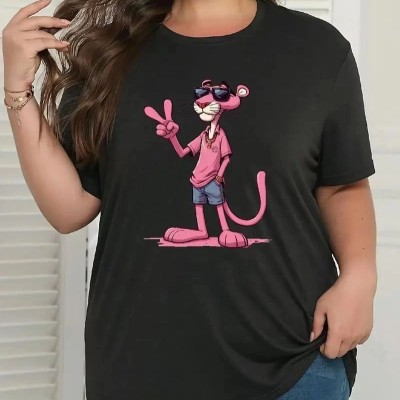 Kadın Tişört Pembe Panter Baskılı Bisiklet Yaka Kısa Kol T-shirt - Beyaz