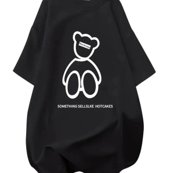 Kadın Tişört Penye Compack Baskılı Oversize Bisiklet Yaka T-shirt - Siyah