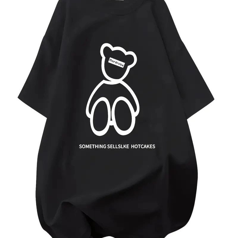 Kadın Tişört Penye Compack Baskılı Oversize Bisiklet Yaka T-shirt - Siyah