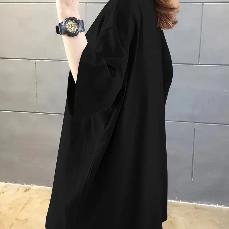 Kadın Tişört Penye Compack Baskılı Oversize Bisiklet Yaka T-shirt - Siyah