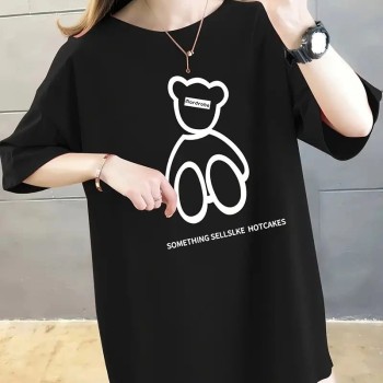 Kadın Tişört Penye Compack Baskılı Oversize Bisiklet Yaka T-shirt - Siyah