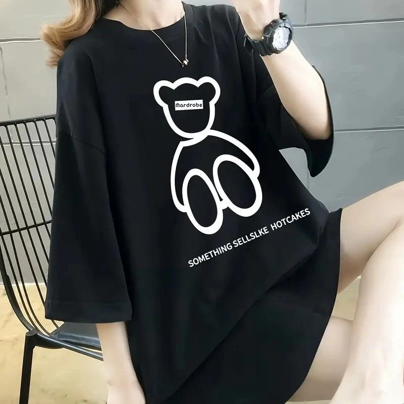 Kadın Tişört Penye Compack Baskılı Oversize Bisiklet Yaka T-shirt - Siyah